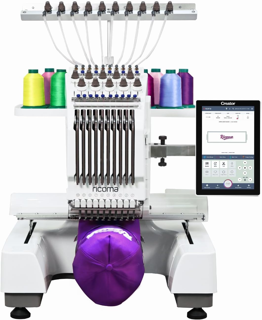 Ricoma EM-1010 Commercial Embroidery Machine for Small Business, 10-Needle, 10.1" Touchscreen, Automatic thread trimmer, 3D Cap/Flat/T-Shirt/Fabric