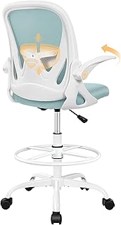 Primy Drafting Chair Tall Office Chair with Flip-up Armrests Executive Ergonomic Computer Standing Desk Chair with Lumbar Support and Adjustable Footrest Ring（Light Blue）