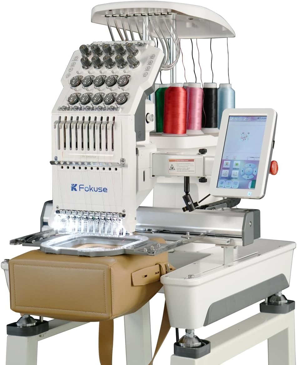 Fokuse brand FKS-1001 Commercial Embroidery Machine with 10 needle, Embroidery Area 14.2"x9.5", 1200SPM Max Speed, 7" Touch Screen