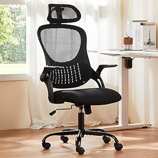 Sweetcrispy Home Office Managerial Executive Chair, High-Back Mesh with Adjustable Headrest, Flip-up Armrest Comfortable Lumbar Support, Comfy Arms for Bedroom,Study,Student