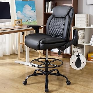 Drafting Chair,Executive Tall Office Chair Flip-up Armrests for Counter Height Desk Drawing Use,High Task Chair with Adjustable Foot Ring & Inflatable Lumbar Support, Swivel Computer Stool,PU Black