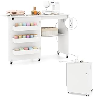 DORTALA Folding Sewing Table with Charging Station, Rolling Craft Station with 3 Storage Bins & Open Shelf, Mobile Sewing Machine Desk with Lockable Wheels for Home, Small Spaces (White)