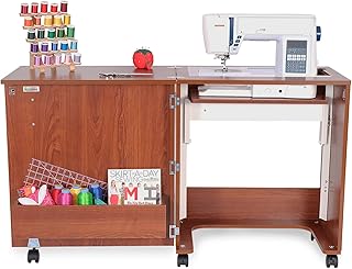 Arrow Sewing Classic Furniture “Judy” Sewing Cabinet: Portable, Folding, Compact, Locking Wheels, with Storage Bin and Hydraulic Machine Lift-Teak