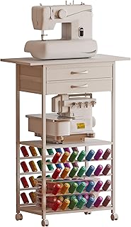 Rolling Sewing Machine Table with 2 Fabric Drawers，Craft Table on Wheel with Spools Thread Holder，Portable Sewing Cabinet for Embroidery Machine with 3 Open Shelves for Small Spaces (White)