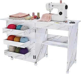 Portable Sewing Machine Table with Storage Shelves & Lockable Wheels, Foldable Sewing Desk with Fold-Out Table, Multipurpose Craft Station with 46\