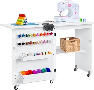 Best Choice Products Folding Sewing Table Multipurpose Craft Station & Side Desk with Compact Design, Wheels, Shelves, Storage Trays, Pegs, Magnetic Doors, Metal Doorknobs - White