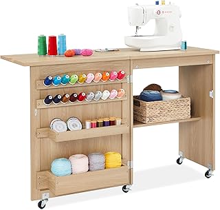 Best Choice Products Folding Sewing Table Multipurpose Craft Station & Side Desk with Compact Design, Wheels, Shelves, Storage Trays, Pegs, Magnetic Doors, Metal Doorknobs - Light Brown