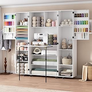 PAKASEPT Folding Sewing Table with Storage, Craft Storage Cabinet and Multipurpose Sewing Machine Table with Lockable Wheels, Magnetic Doors & Hidden Storage