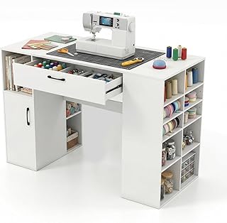 HAPPYGRILL Sewing Machine Table, Craft Table with Storage Cubes, Drawer, Cabinet, Adjustable Shelves, Counter Height Drafting Writing Sewing Station Desk for Home Office