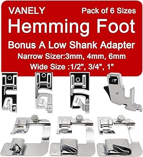 6 Size Rolled Hem Presser Foot Set Wide Rolled Hem Foot & Narrow Foot Hemmer Bonus a Adapter for Singer,Brother & Janome Low Shank Sewing Machines. Hemming Pressure Feet with Distinctive Sizes