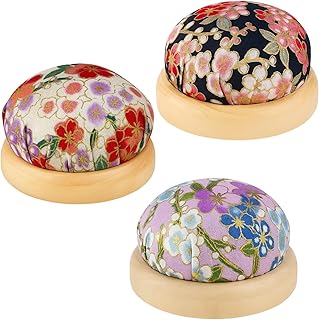 3 PCS Pin Cushion, Wooden Base Pin Cushions for Sewing, Floral Design Sewing Pin Cushion for Quilting, Embroidery, and DIY Crafts, Includes White, Black, and Purple Patterns