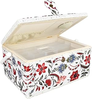 Large Sewing Basket with No Accessories and Removable Tray Bright White and Red Sewing Box