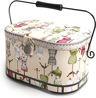 Dritz Large Oval Sewing Basket with Metal Handle, Vintage Dress Form Print