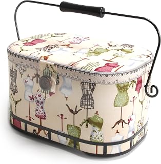 Dritz Large Oval Sewing Basket with Metal Handle, Vintage Dress Form Print