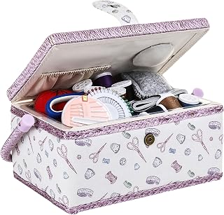 Large Wooden Sewing Basket with Accessories White Purple Sewing Basket Complete Kit