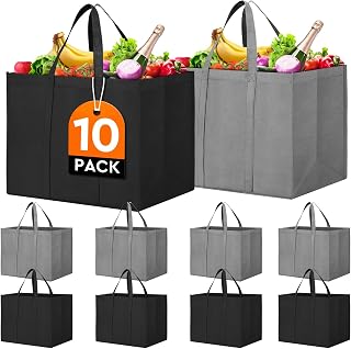 Reusable Grocery Shopping Bags 10 Pack Large Foldable Tote Bags Bulk | Eco Produce Bags with Long Handle for Shopping Groceries Clothes (Grey&Black)