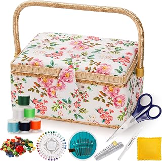 ZOOFOX Sewing Basket with Accessories, Wooden Sewing Kit Storage Box with Removable Tray