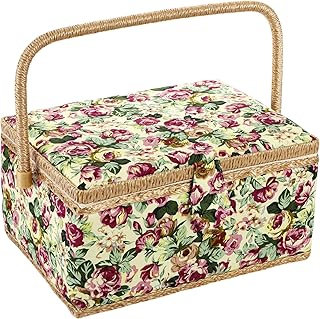 ZOOFOX Large Sewing Basket Vintage Wooden Sewing Box Rose Floral Print