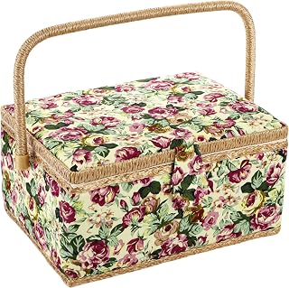 ZOOFOX Large Sewing Basket Vintage Wooden Sewing Box Rose Floral Print