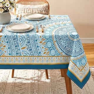 Joy Bubble Rectangle Tablecloth Waterproof Blue Mandala 70 x 52 Inch