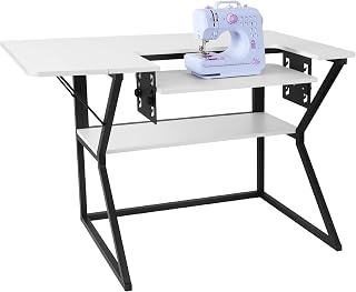 Sewing Table, Large Sewing Machine Table with Adjustable Platform and Storage Shelf - White