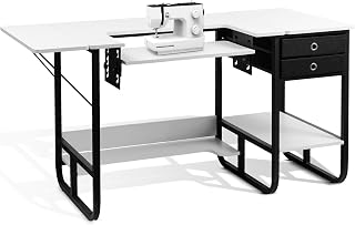 Foldable Sewing Machine Table, Multipurpose Sewing Table with Adjustable Platform, Storage Shelf and 2 Cloth Drawers (Warm White)