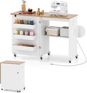 GIANTEX Folding Sewing Table with Charging Station