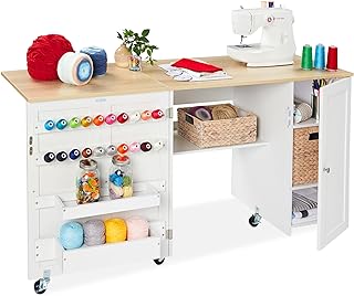 Best Choice Products Large Folding Sewing Table, Multipurpose Portable Craft Station & Side Desk w/Compact Design, Caster Wheels, Storage Shelves, 2 Storage Trays, Magnetic Doors - Natural/White