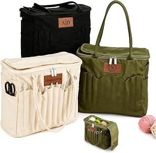 Phexilo Personalized Knitting Bag with Leather Patch – Customizable Canvas Organizer
