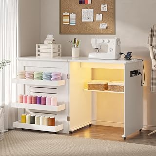 White Sewing Table with 3 Color LED Lights