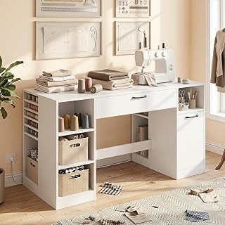 COSTWAY Sewing Machine Table with Power Outlets, Massive Storage (White)