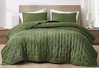Chezmoi Collection Glen 3-Piece Crescent Stitched Quilt Set, Olive Green